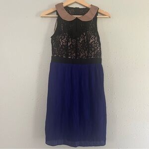 NWOT Minuet Petite Black Blue Lace Mini Dress Peter Pan Collar Formal Small